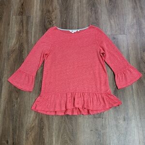 Boden linen 3/4 sleeve ruffle bottom bell sleeve top blouse size small boat neck